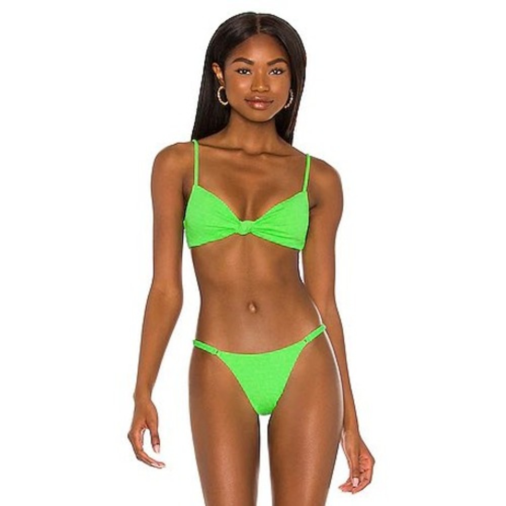 ViX Paula Hermanny Neon Green Smocked Bikini Set Medium Knotted Top Thong Bottom